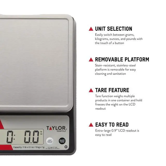 Alt view image 3 of 7 - TE10FT 11-Pound Commercial Digital Portion Control Scale, 11 lb (5 kg) in 0.1 oz (1 g) Food and Cooking Scale, Tare and Hold Function, NSF, Stainless Steel Platform