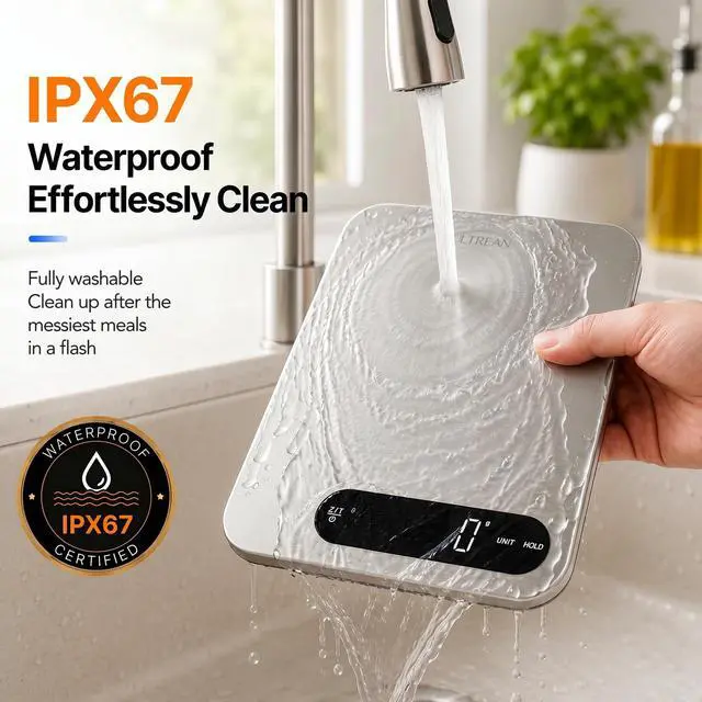 Alt view image 2 of 7 - IPX7 Waterproof Food Scale, 33lb Rechargeable Kitchen Scale Digital Weight Grams and Ounces, Large Platform, 1g Precision, 304 Stainless Steel, LED Display for Cooking, Baking & Meal Prep