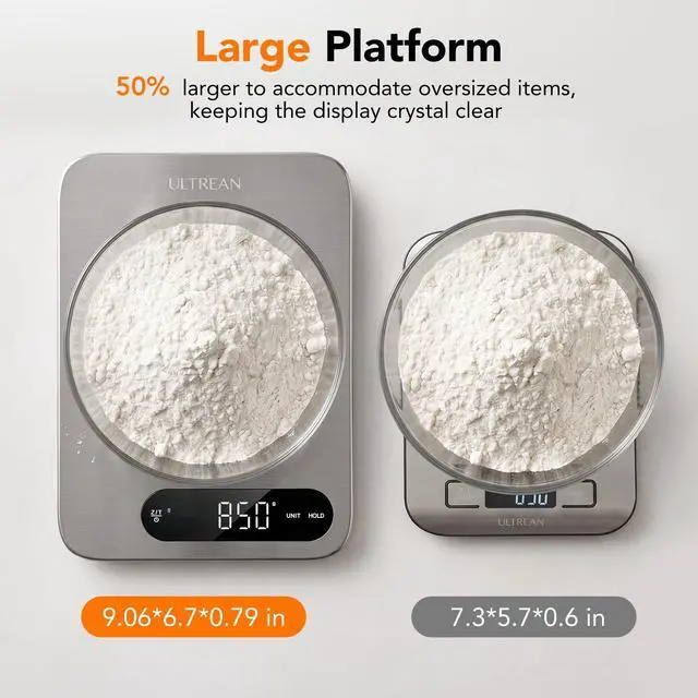 Alt view image 3 of 7 - IPX7 Waterproof Food Scale, 33lb Rechargeable Kitchen Scale Digital Weight Grams and Ounces, Large Platform, 1g Precision, 304 Stainless Steel, LED Display for Cooking, Baking & Meal Prep