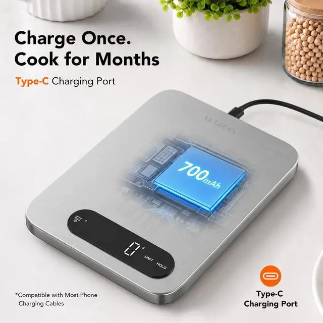 Alt view image 4 of 7 - IPX7 Waterproof Food Scale, 33lb Rechargeable Kitchen Scale Digital Weight Grams and Ounces, Large Platform, 1g Precision, 304 Stainless Steel, LED Display for Cooking, Baking & Meal Prep