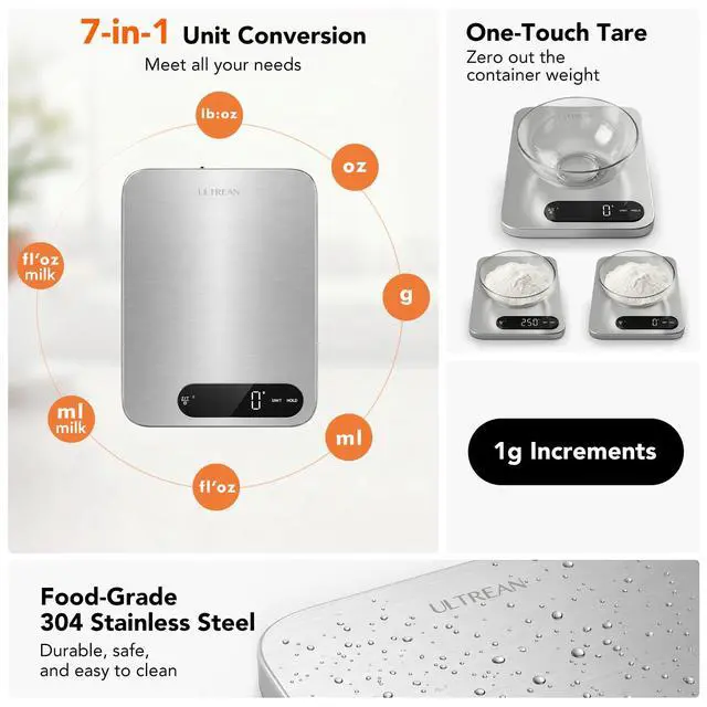 Alt view image 6 of 7 - IPX7 Waterproof Food Scale, 33lb Rechargeable Kitchen Scale Digital Weight Grams and Ounces, Large Platform, 1g Precision, 304 Stainless Steel, LED Display for Cooking, Baking & Meal Prep