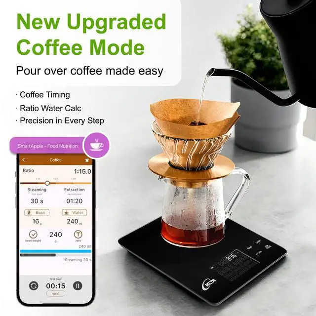 Alt view image 4 of 7 - Smart Food Scale with 30 Nutritional Calculator, Coffee Timer Function APP, Track Calorie, Macro, Carb for Weight Loss Keto and Diabetic, Espresso Scale Weight Grams and Ounces 5 Unit 1g/0.05oz