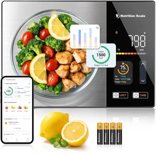 Main image of Smart Nutrition Scale - Calorie & Nutrients Tracker for Weight Loss, Fitness, Meal Prep, Free App Connected Food Scale with Barcode Scan, Food Preload & Color Display, 1g Precision, 11lb, Black