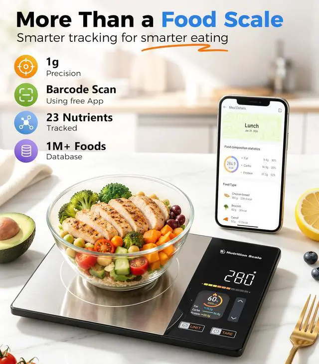 Alt view image 2 of 7 - Smart Nutrition Scale - Calorie & Nutrients Tracker for Weight Loss, Fitness, Meal Prep, Free App Connected Food Scale with Barcode Scan, Food Preload & Color Display, 1g Precision, 11lb, Black