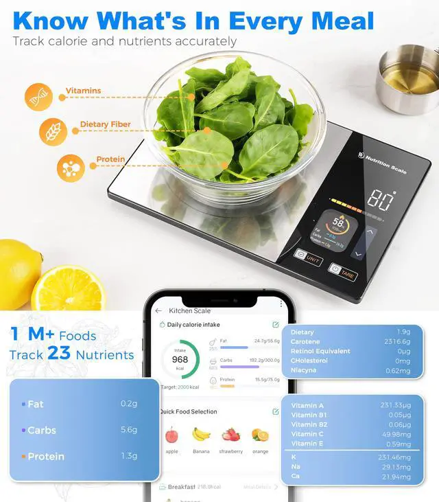 Alt view image 3 of 7 - Smart Nutrition Scale - Calorie & Nutrients Tracker for Weight Loss, Fitness, Meal Prep, Free App Connected Food Scale with Barcode Scan, Food Preload & Color Display, 1g Precision, 11lb, Black