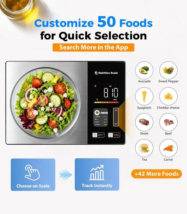 Alt view image 4 of 7 - Smart Nutrition Scale - Calorie & Nutrients Tracker for Weight Loss, Fitness, Meal Prep, Free App Connected Food Scale with Barcode Scan, Food Preload & Color Display, 1g Precision, 11lb, Black