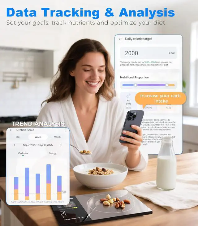Alt view image 6 of 7 - Smart Nutrition Scale - Calorie & Nutrients Tracker for Weight Loss, Fitness, Meal Prep, Free App Connected Food Scale with Barcode Scan, Food Preload & Color Display, 1g Precision, 11lb, Black