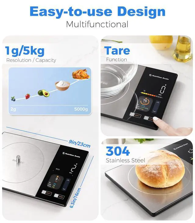 Alt view image 7 of 7 - Smart Nutrition Scale - Calorie & Nutrients Tracker for Weight Loss, Fitness, Meal Prep, Free App Connected Food Scale with Barcode Scan, Food Preload & Color Display, 1g Precision, 11lb, Black