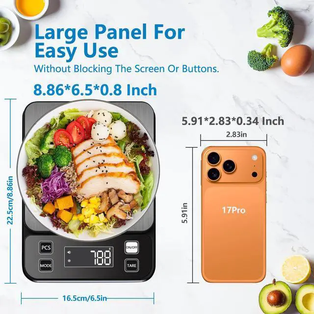Alt view image 2 of 7 - IPX7 Waterproof Food Scale 0.1g Precision Kitchen Scale, 10kg/22lb Digital Food Scale USB Rechargeable, Backlight Gram Scale Stainless Steel & Washable Digital Scale for Cooking, Baking,Weight Loss
