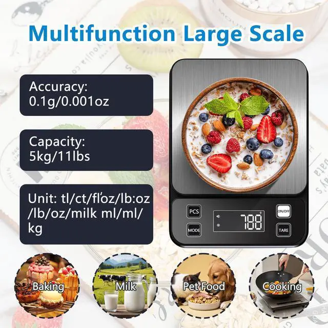 Alt view image 3 of 7 - IPX7 Waterproof Food Scale 0.1g Precision Kitchen Scale, 10kg/22lb Digital Food Scale USB Rechargeable, Backlight Gram Scale Stainless Steel & Washable Digital Scale for Cooking, Baking,Weight Loss