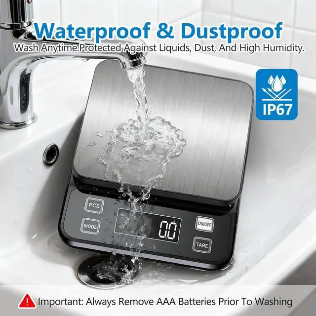 Alt view image 4 of 7 - IPX7 Waterproof Food Scale 0.1g Precision Kitchen Scale, 10kg/22lb Digital Food Scale USB Rechargeable, Backlight Gram Scale Stainless Steel & Washable Digital Scale for Cooking, Baking,Weight Loss