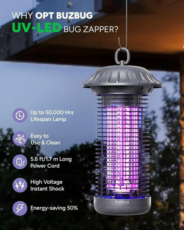 Alt view image 2 of 6 - LED Bug Zapper Indoor Outdoor, Up to 50000 Hrs Lifespan Lamp, Energy Saving & Dual Band Attraction, 5.6 ft Power Cord, High Voltage Mosquito Fly Zapper Trap Killer -MO008C (Pewter)
