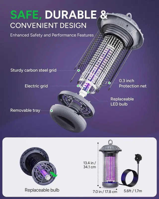 Alt view image 5 of 6 - LED Bug Zapper Indoor Outdoor, Up to 50000 Hrs Lifespan Lamp, Energy Saving & Dual Band Attraction, 5.6 ft Power Cord, High Voltage Mosquito Fly Zapper Trap Killer -MO008C (Pewter)