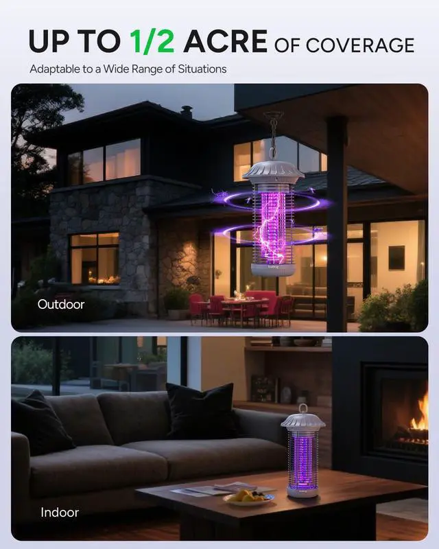 Alt view image 6 of 6 - LED Bug Zapper Indoor Outdoor, Up to 50000 Hrs Lifespan Lamp, Energy Saving & Dual Band Attraction, 5.6 ft Power Cord, High Voltage Mosquito Fly Zapper Trap Killer -MO008C (Pewter)