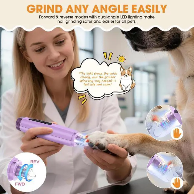 Alt view image 2 of 7 - Dog Nail Grinder with LED Light, 6-Speed Quiet Electric Pet Nail Trimmers, Forward/Reverse, Powerful No-Stall Motor, 2000mAh Battery 8H Runtime, Dust Capture with Nail Clippers for Dogs & Cats
