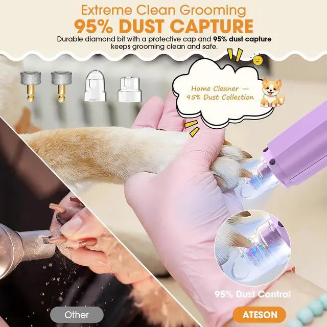 Alt view image 5 of 7 - Dog Nail Grinder with LED Light, 6-Speed Quiet Electric Pet Nail Trimmers, Forward/Reverse, Powerful No-Stall Motor, 2000mAh Battery 8H Runtime, Dust Capture with Nail Clippers for Dogs & Cats
