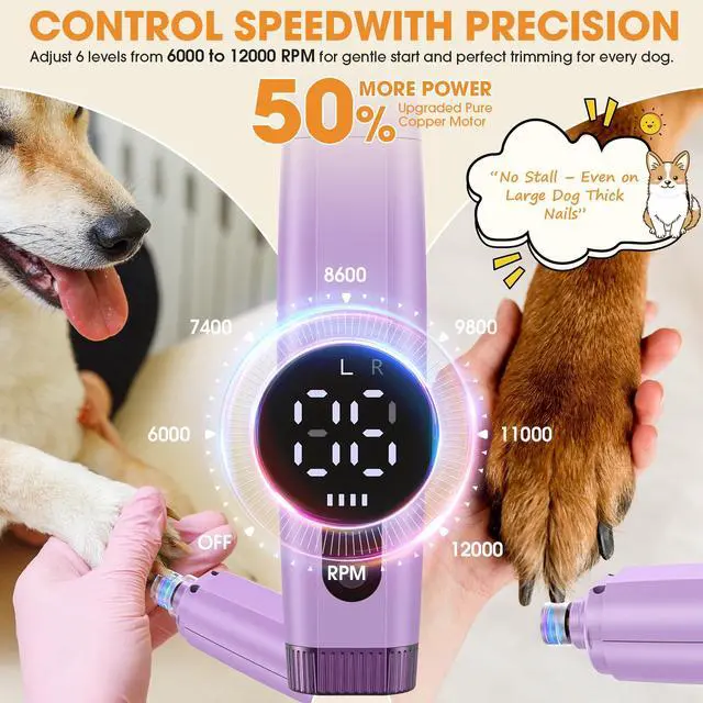 Alt view image 6 of 7 - Dog Nail Grinder with LED Light, 6-Speed Quiet Electric Pet Nail Trimmers, Forward/Reverse, Powerful No-Stall Motor, 2000mAh Battery 8H Runtime, Dust Capture with Nail Clippers for Dogs & Cats