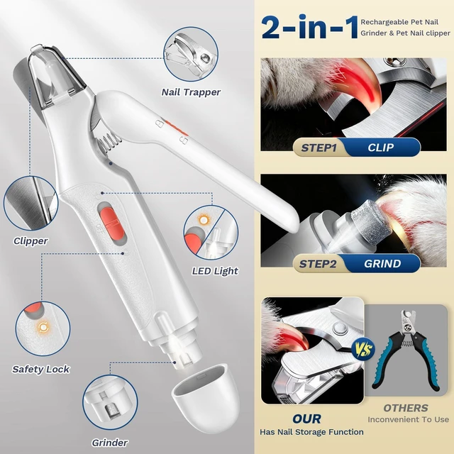 Alt view image 2 of 7 - 2-in-1 Dog & Cat Nail Clippers and Grinder with Catcher & 2 LED Lights | Stainless Steel Blade, Safety Guard, Type-C Rechargeable Low-Noise Grinder for Small, Medium & Large Pets