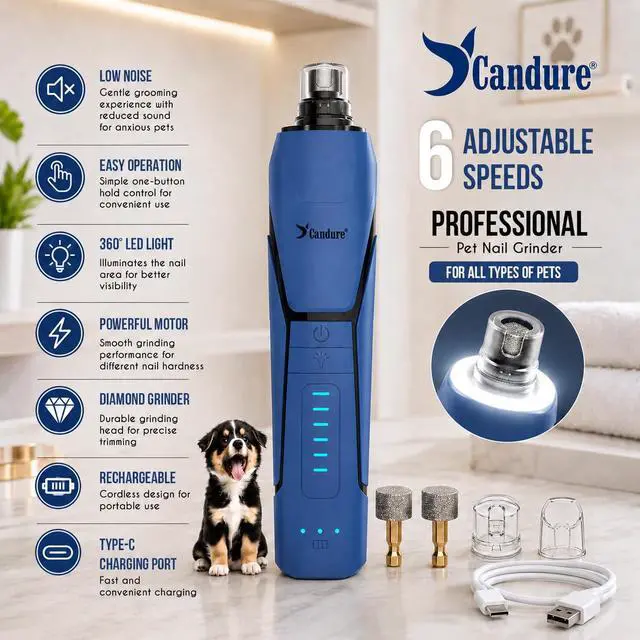 Alt view image 2 of 7 - Whisper Quiet Dog Nail Grinder with 360 Degree LED Light, 6-Speed Rechargeable Pet Nail Trimmers with Extra Grinding Head for Safe, Stress-Free Grooming for All Pet Sizes