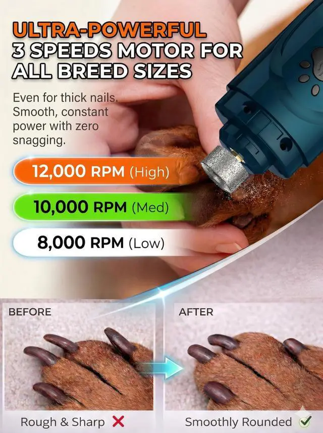 Alt view image 4 of 7 - Super Quiet Dog Nail Grinder & Clippers Kit with 2 LED Lights, 3 Speeds Up to 12,000 RPM, Lower Than 30dB Electric Pet Nail Trimmer for Small Medium Large Dogs and Cats