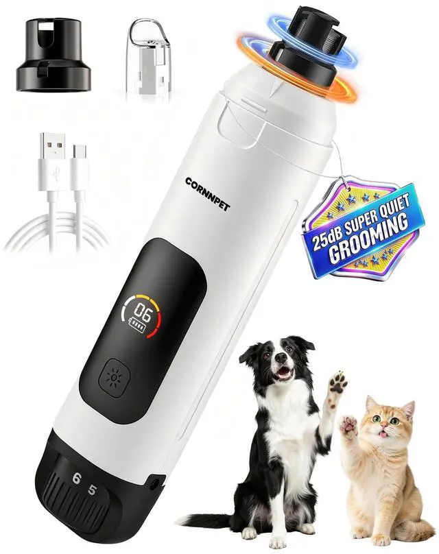 Main image of Dog Nail Grinder with New LCD Display,25dB Quiet 6-Speed Dog Nail Trimmer Avoid Anxiety,1.5H Fast Charge,2 LED Safe Lights,50% More Power - Painless Pets Nails Grinding - White