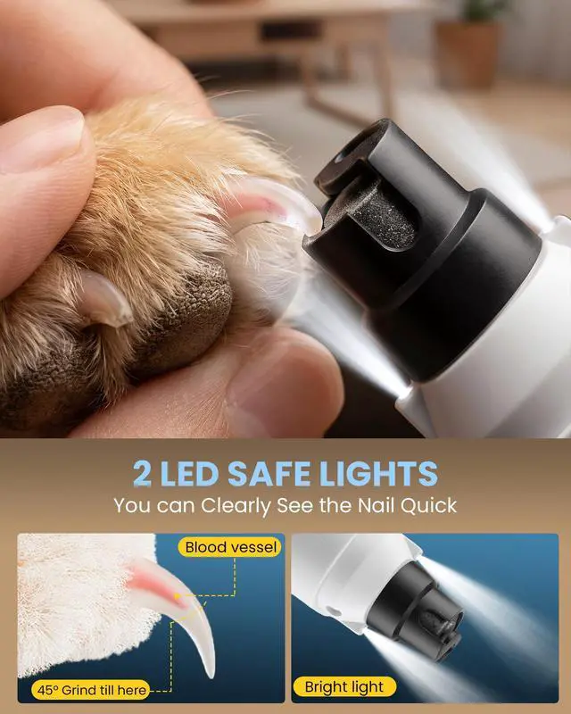 Alt view image 6 of 7 - Dog Nail Grinder with New LCD Display,25dB Quiet 6-Speed Dog Nail Trimmer Avoid Anxiety,1.5H Fast Charge,2 LED Safe Lights,50% More Power - Painless Pets Nails Grinding - White