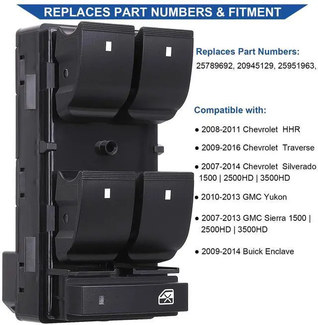 Alt view image 2 of 7 - Driver Side Power Master Window Switch, Compatible with Chevy Silverado/Chevrolet Traverse/HHR/2007-2013 GMC Sierra/Yukon/Buick Enclave Replace OE 20945129 25789692
