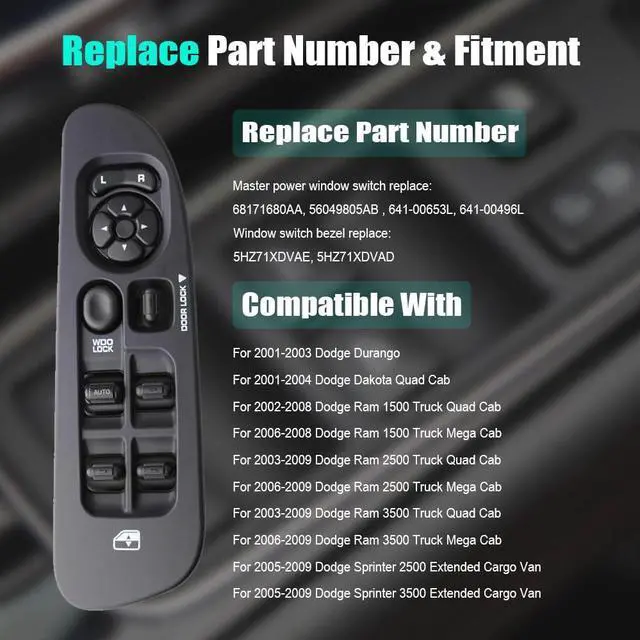 Alt view image 3 of 5 - Master Power Window Switch & Bezel for 2002-2009 Dodge Ram 1500 2500 3500 (Quad Cab, Crew), 2001-2004 Dodge Dakota, 2001-2003 Durango, 2005-2009 Sprinter 2500 3500 68171680AA, 56049805AB