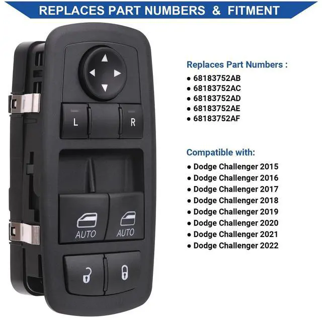 Alt view image 2 of 7 - Driver Power Window Switch for 2015-2022 Dodge Challenger 68183752AB