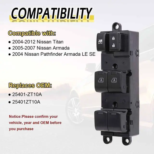Alt view image 2 of 6 - Master Power Window Switch for 2004-2012 Nissan Titan 25401-ZT10A