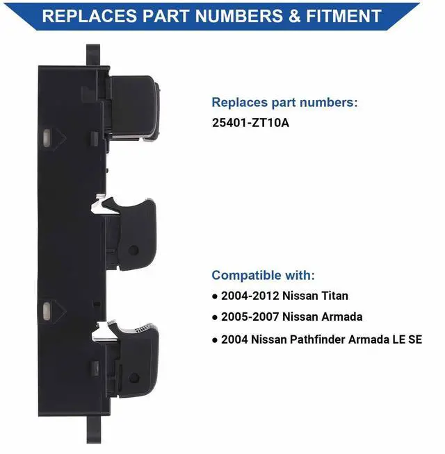 Alt view image 2 of 7 - Driver Master Window Switch for 2004-2012 Nissan Titan 25401-ZT10A