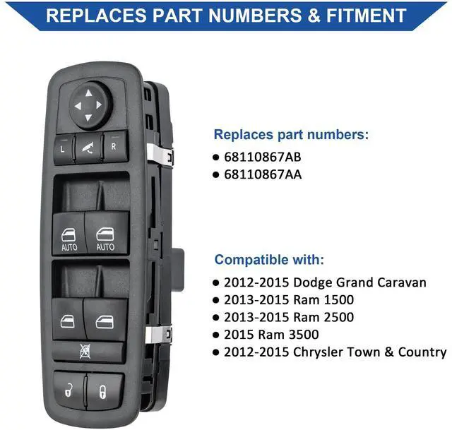 Alt view image 2 of 7 - Driver Power Window Switch for 2013-2015 Ram 1500 2500 68110867AB