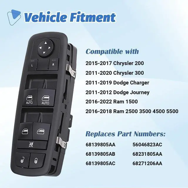 Alt view image 2 of 7 - Power Window Switch Main Control Button Compatible with 2016-2018 Ram 1500 2500 3500, 11-19 Dodge Charger, 11-12 Dodge Journey, 11-20 Chrysler 300, 15-17 Chrysler 200, Replaces OEM 68231805AA