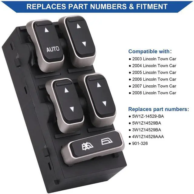 Alt view image 2 of 6 - Driver Power Window Switch for 2003-2009 Lincoln Town Car 901-326