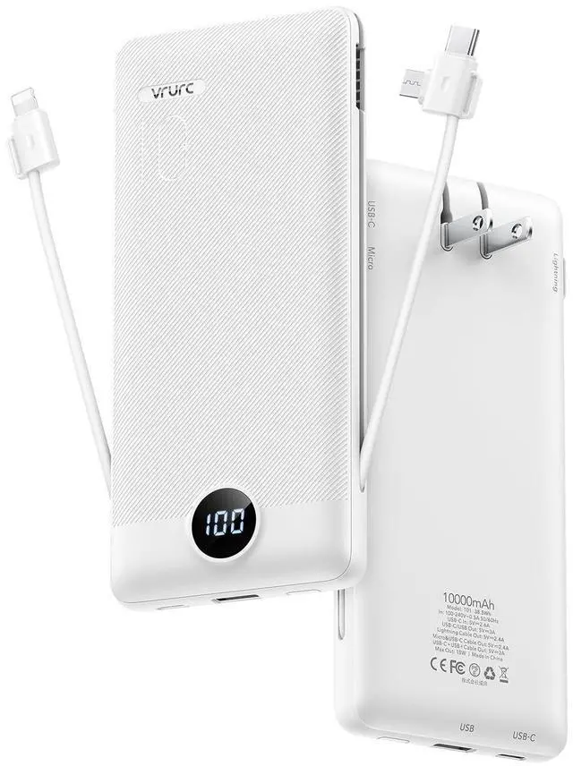 Main image of 3-in-1 Portable Charger, Built-in Cord & Foldable Wall AC Plug-White