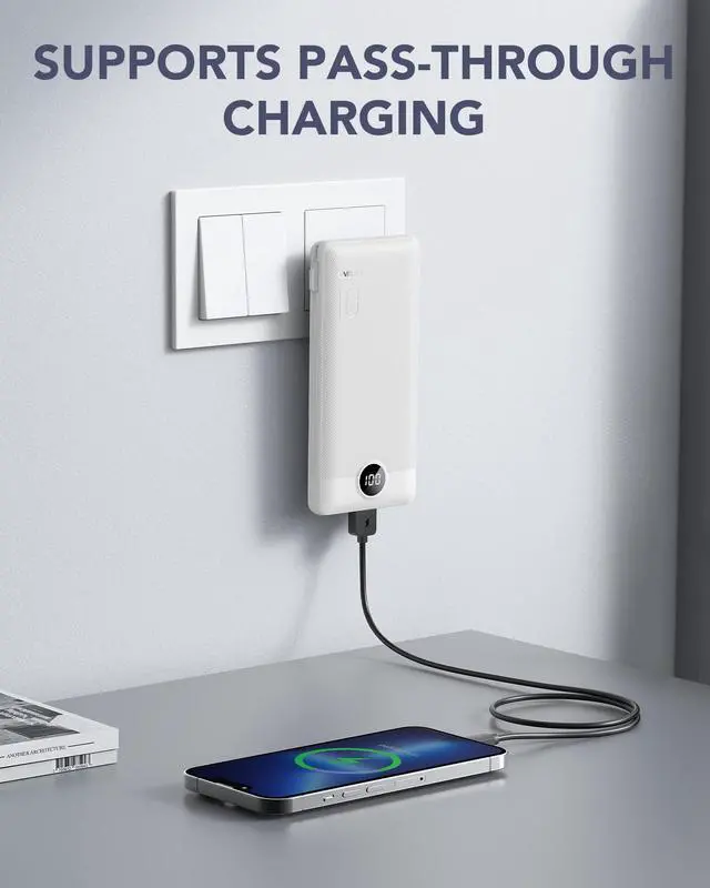 Alt view image 2 of 7 - 3-in-1 Portable Charger, Built-in Cord & Foldable Wall AC Plug-White