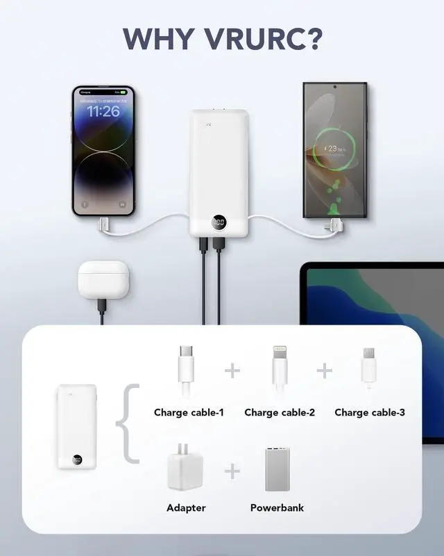 Alt view image 3 of 7 - 3-in-1 Portable Charger, Built-in Cord & Foldable Wall AC Plug-White