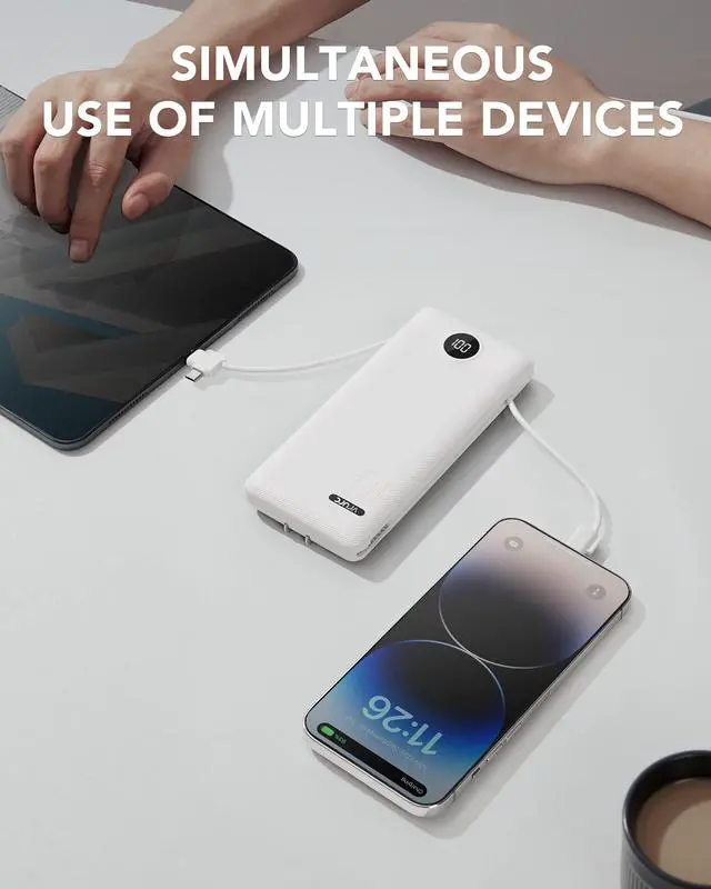 Alt view image 6 of 7 - 3-in-1 Portable Charger, Built-in Cord & Foldable Wall AC Plug-White
