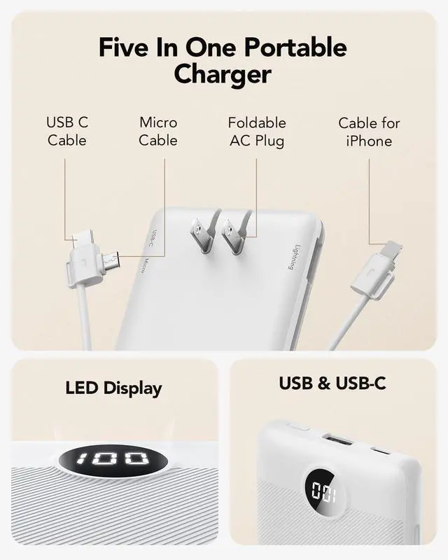 Alt view image 3 of 7 - Portable Charger, Power Bank Built-in Cables and AC Wall Plug