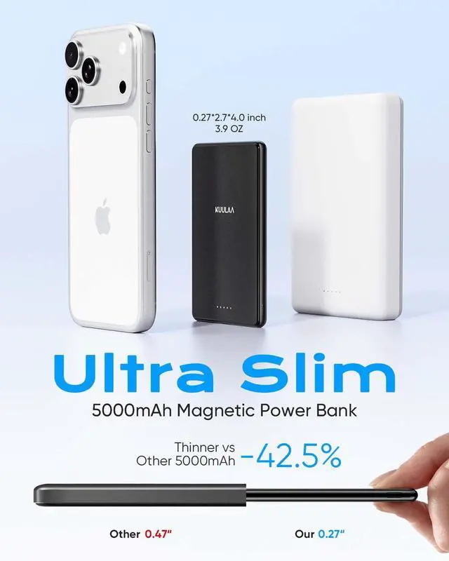 Alt view image 2 of 7 - 0.27'' Ultra Slim for MagSafe Portable Charger, 5000mAh Wireless Magnetic Power Bank with USB C Charging,Travel Essential for Magsafe Battery Pack Compatible with iPhone 17/16/15/14/13/12 Series