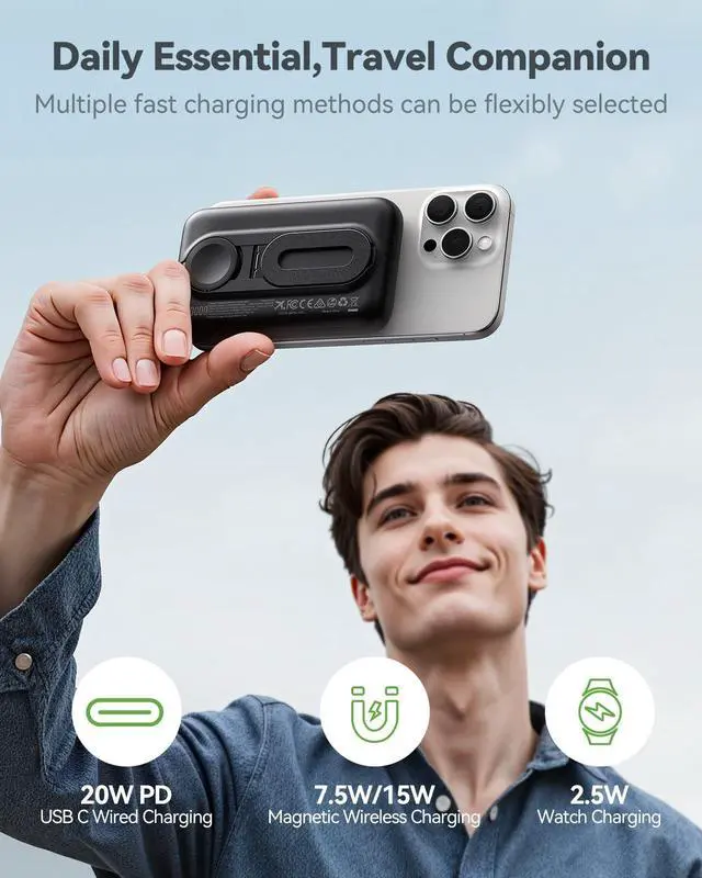 Alt view image 3 of 7 - Magnetic Portable Charger for iPhone & Apple Watch, 10000mAh Wireless Power Bank USB-C Fast Charging with Stand for iPhone Air/17/16/15/14/13 Series & iWatch, Travel Essential for Magsafe Battery Pack