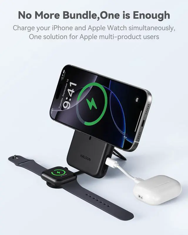 Alt view image 2 of 7 - Magnetic Portable Charger for iPhone & Apple Watch, 10000mAh Wireless Power Bank USB-C Fast Charging with Stand for iPhone Air/17/16/15/14/13 Series & iWatch, Travel Essential for Magsafe Battery Pack