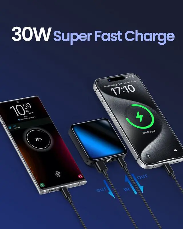 Alt view image 4 of 7 - 10000mAh Small Power BankFast Charge Mini Portable Charger, USB C Input/Output with External Battery Pack, Smart LED DisplaySuitable for iPhone, Samsung, iPad and Tablets.