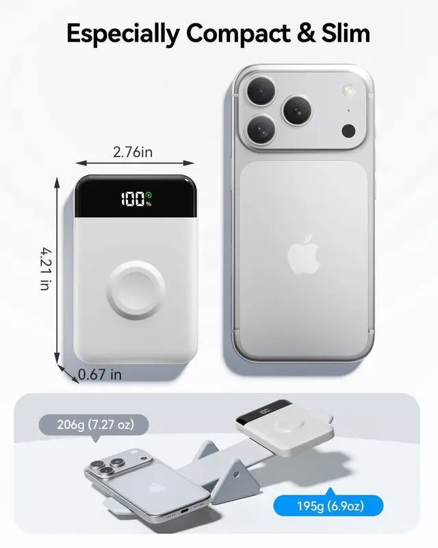Alt view image 3 of 7 - for Magsafe Portable Charger, 10000mAh USB-C 22.5W Power Bank, Pearl White