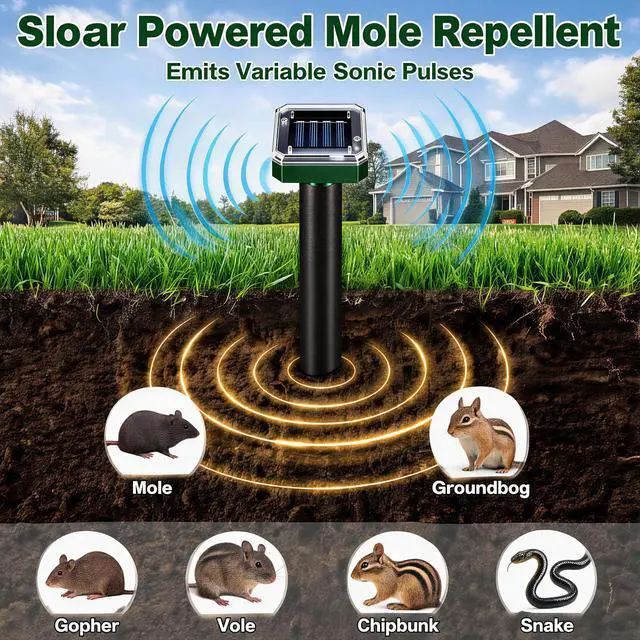 Alt view image 2 of 7 - Mole Repellent for Lawns 10 Pack, Solar Powered Mole Repeller Ultrasonic Gopher Repellent, Outdoor Waterproof Vole Vibration Stakes,Sonic Gopher Deterrent Yard for Rodent Groundhog Snake Chipmunk