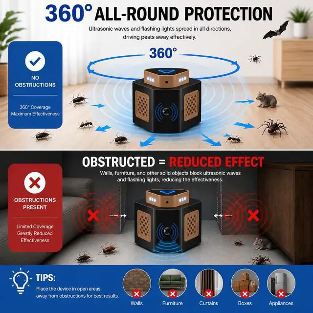Alt view image 4 of 7 - Mouse Repellent Ultrasonic Plug in, Ultrasonic Pest Repeller Indoor, 360° Ultrasonic Rodent Repeller with 4-Modes & LED Strobe Light for Home, Attic, Basement, Garage and Warehouse