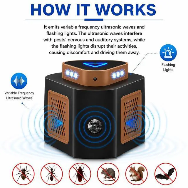 Alt view image 6 of 7 - Mouse Repellent Ultrasonic Plug in, Ultrasonic Pest Repeller Indoor, 360° Ultrasonic Rodent Repeller with 4-Modes & LED Strobe Light for Home, Attic, Basement, Garage and Warehouse