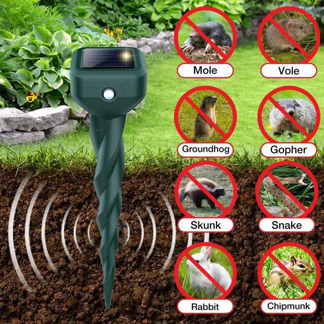 Alt view image 2 of 7 - Mole Repellent Solar Powered, 4 Pack Snake & Skunk Repellent for Yard, IP 65 Waterproof Ultrasonic Deterrent Stakes, Get Rid of Rabbit, Gopher, Vole, Chipmunk, Deer, Groundhog for Lawns Garden