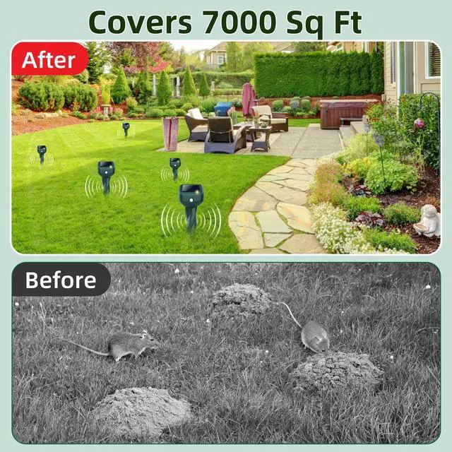 Alt view image 6 of 7 - Mole Repellent Solar Powered, 4 Pack Snake & Skunk Repellent for Yard, IP 65 Waterproof Ultrasonic Deterrent Stakes, Get Rid of Rabbit, Gopher, Vole, Chipmunk, Deer, Groundhog for Lawns Garden