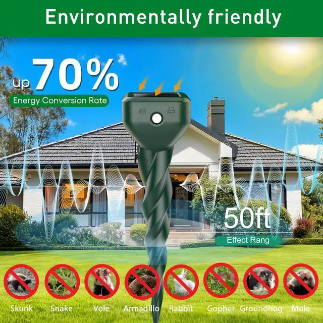 Alt view image 5 of 7 - Mole Repellent Solar Powered, 4 Pack Snake & Skunk Repellent for Yard, IP 65 Waterproof Ultrasonic Deterrent Stakes, Get Rid of Rabbit, Gopher, Vole, Chipmunk, Deer, Groundhog for Lawns Garden